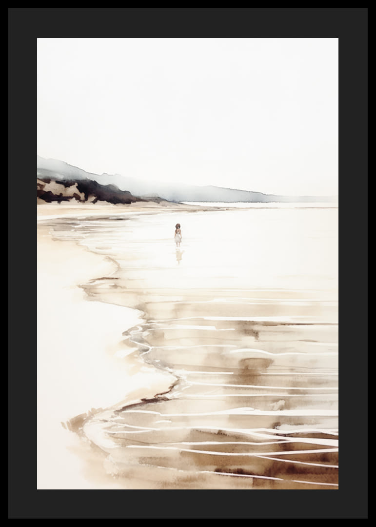 Acquerello di spiaggia con bambini in riva all'acqua e rocce in lontananza-12