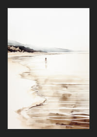 Acquerello di spiaggia con bambini in riva all'acqua e rocce in lontananza-5