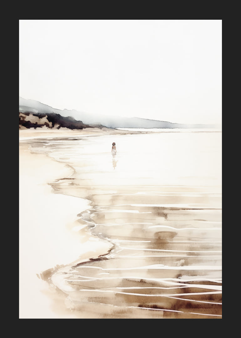 Acquerello di spiaggia con bambini in riva all'acqua e rocce in lontananza-12