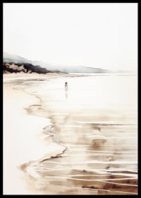 Watercolor of beach with children by the water and rocks in the distance-6