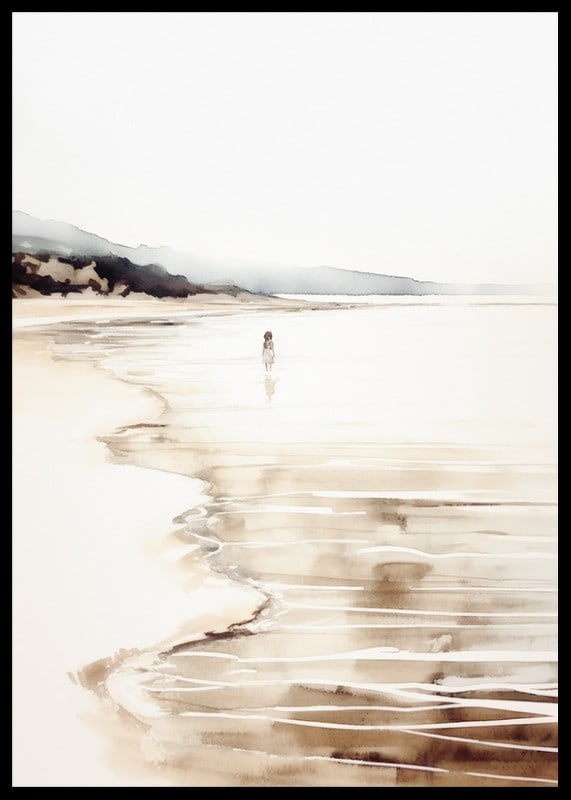 Watercolor of beach with children by the water and rocks in the distance-12