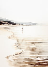 Watercolor of beach with children by the water and rocks in the distance-7