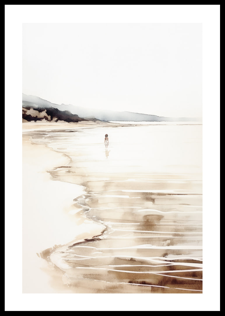 Watercolor of beach with children by the water and rocks in the distance-12