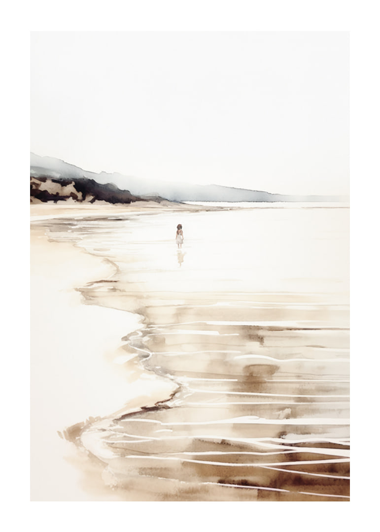 Watercolor of beach with children by the water and rocks in the distance-12