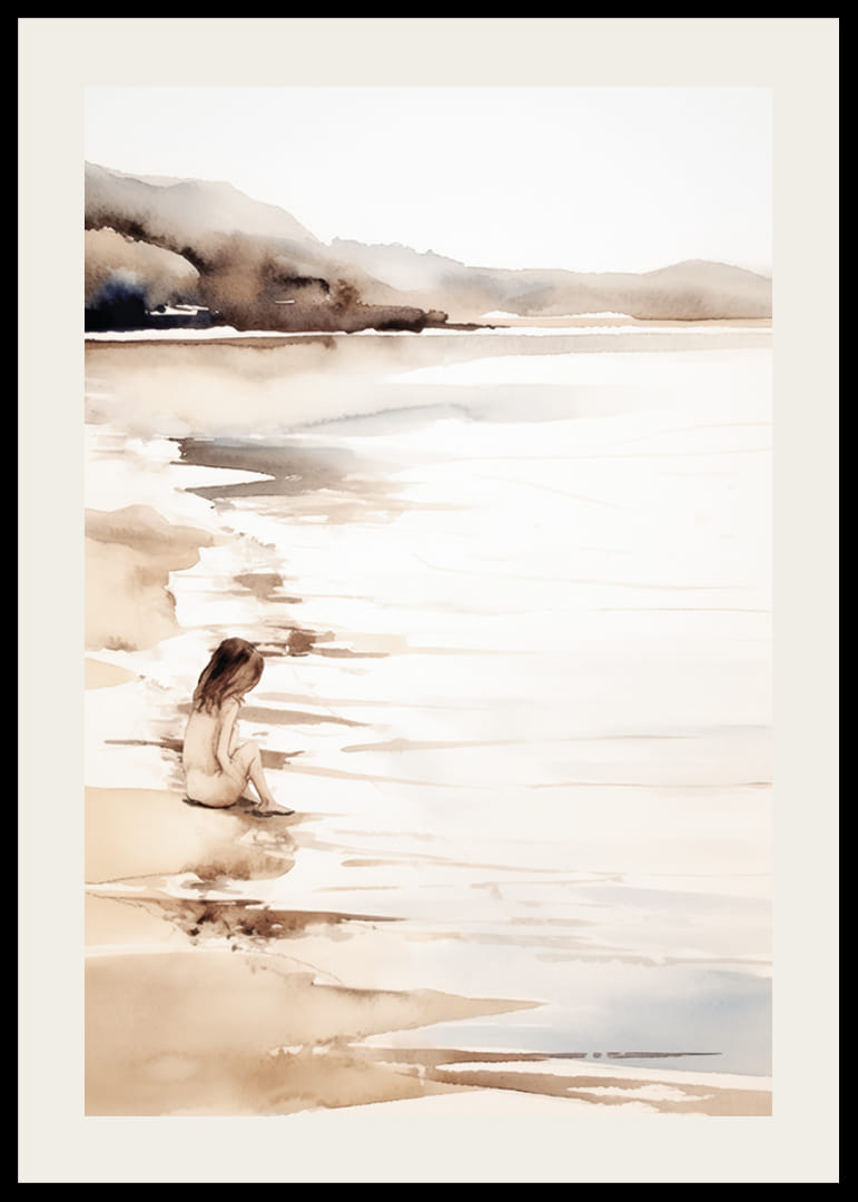 Aquarelle d'une fille à la plage avec des tons de sable doux-12