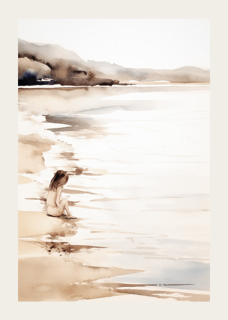 Watercolor of girl at the beach with soft sand tones-12