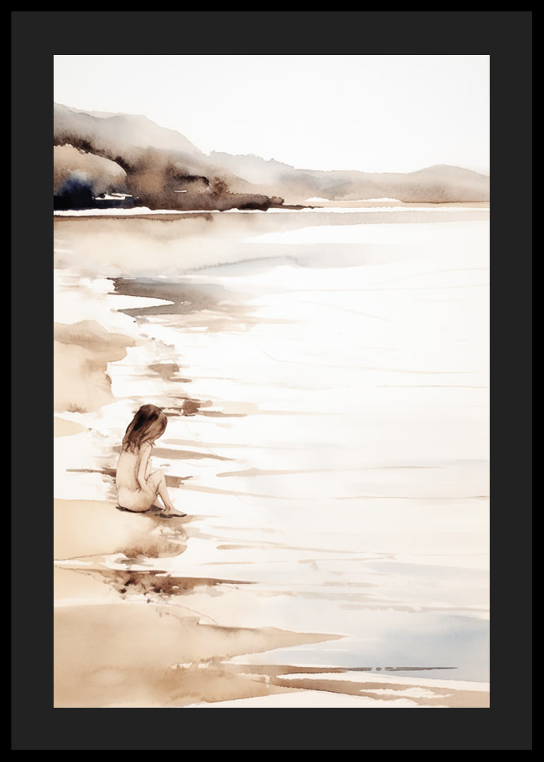 Watercolor of girl at the beach with soft sand tones-12