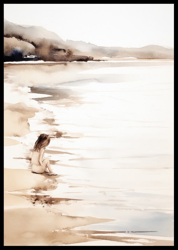 Watercolor of girl at the beach with soft sand tones-12