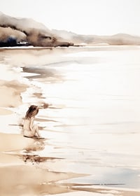 Watercolor of girl at the beach with soft sand tones-7
