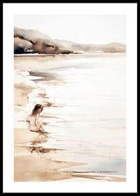 Watercolor of girl at the beach with soft sand tones-0