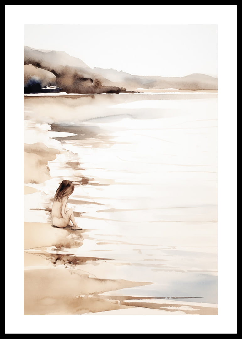 Watercolor of girl at the beach with soft sand tones-12