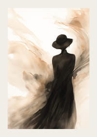 Akvarell av kvinnosilhuett med hatt i bruna och svarta nyanser-3