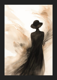 Akvarell av kvinnosilhuett med hatt i bruna och svarta nyanser-5