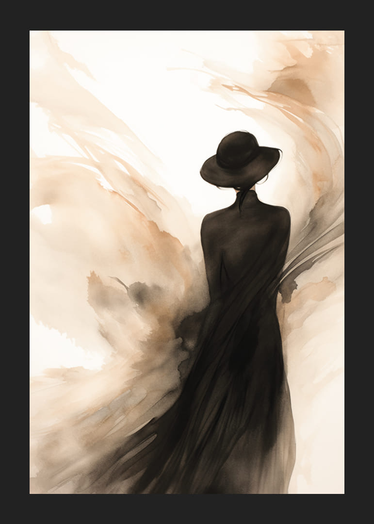 Akvarell av kvinnosilhuett med hatt i bruna och svarta nyanser-12