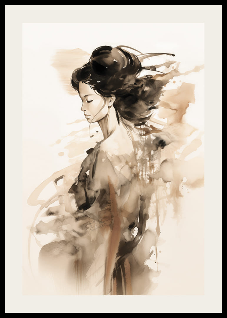 Aquarel van een vrouwenfiguur in profiel met zachte bruine tinten-12