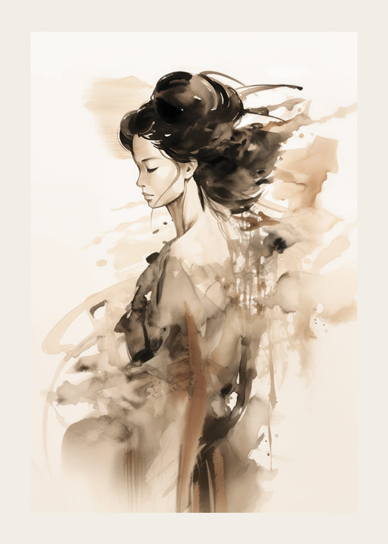 Aquarel van een vrouwenfiguur in profiel met zachte bruine tinten-12