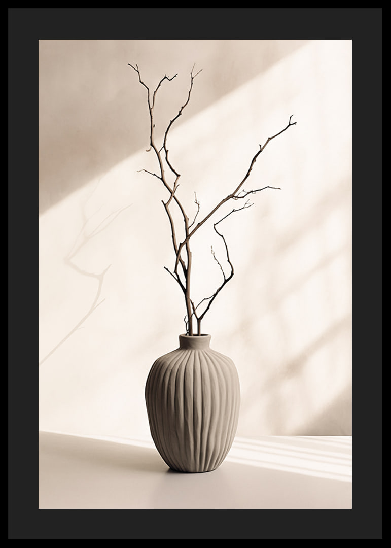 Ceramic vase with thin twigs against light, soft background-12