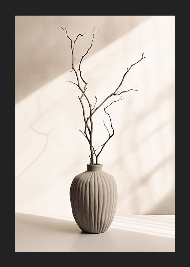 Ceramic vase with thin twigs against light, soft background-12