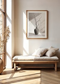 Ceramic vase with thin twigs against light, soft background-8