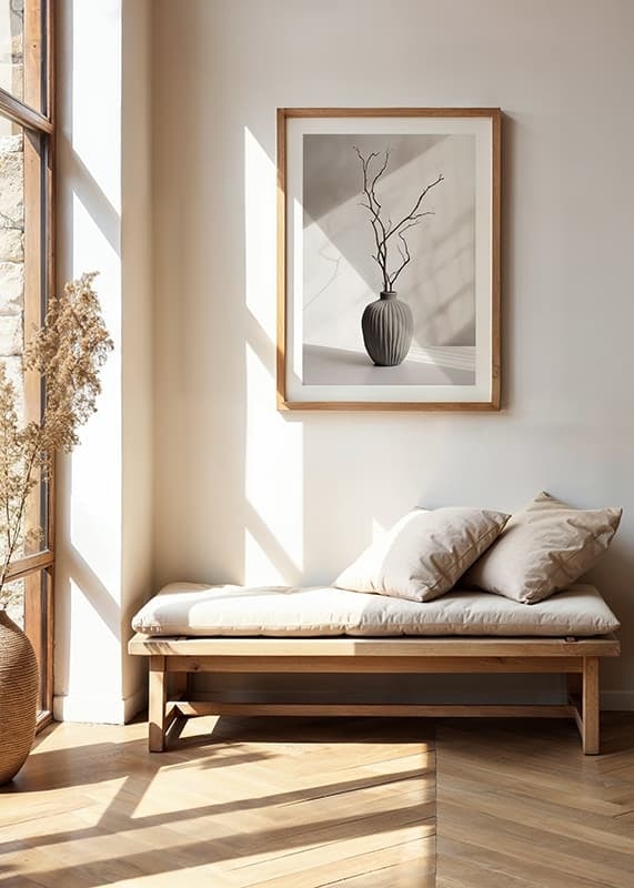 Ceramic vase with thin twigs against light, soft background-12