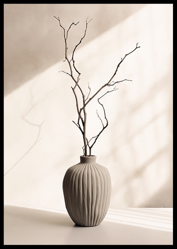 Ceramic vase with thin twigs against light, soft background-12