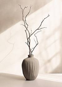 Ceramic vase with thin twigs against light, soft background-7