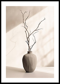 Ceramic vase with thin twigs against light, soft background-0