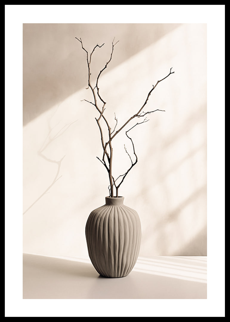 Ceramic vase with thin twigs against light, soft background-12