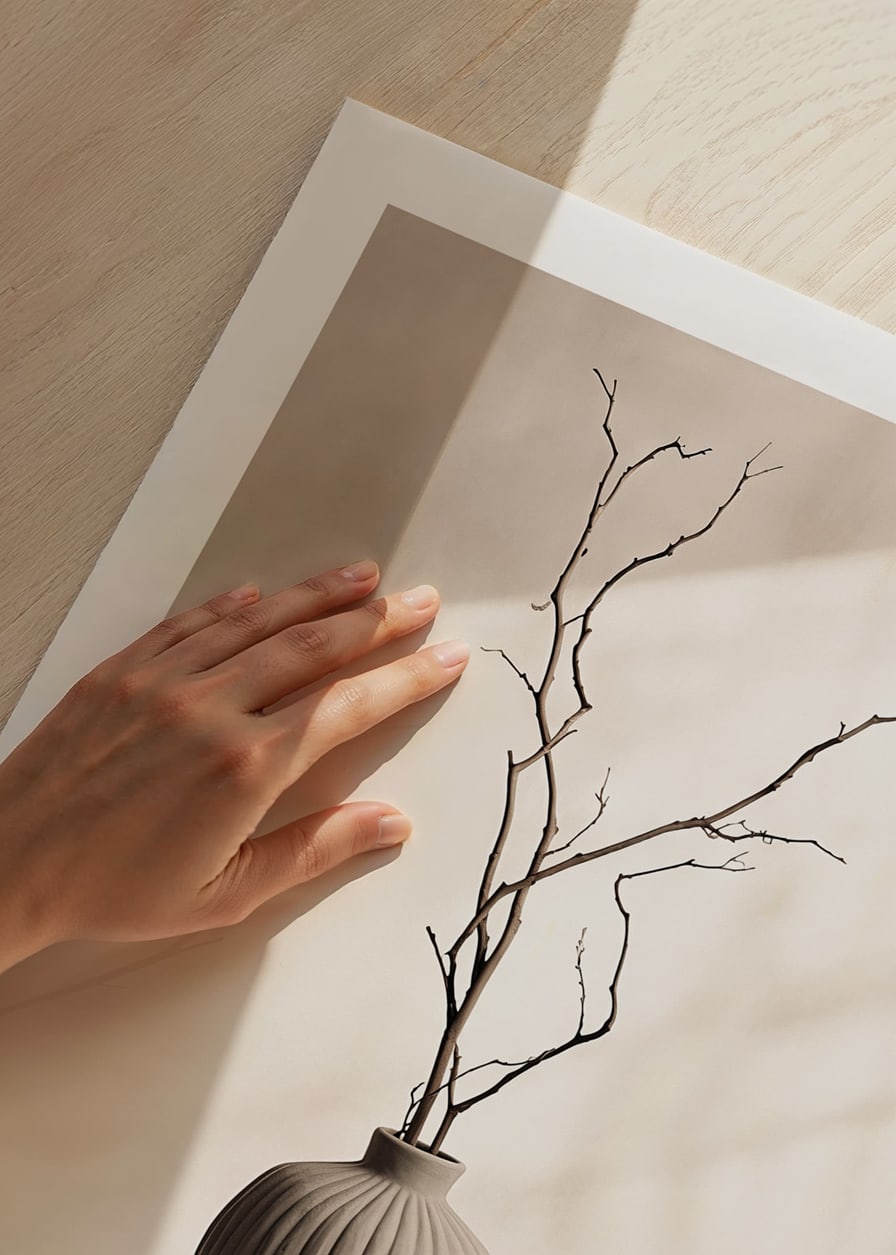 Ceramic vase with thin twigs against light, soft background-12