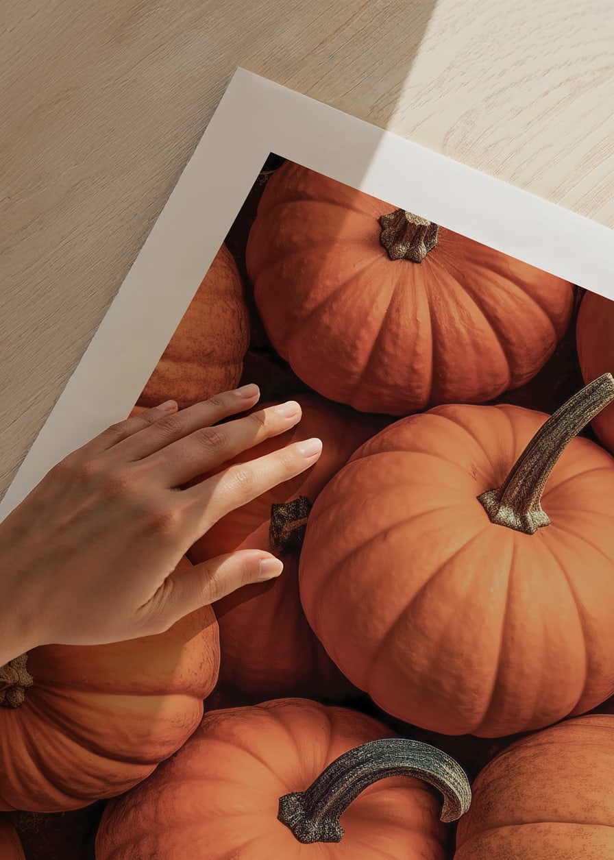 Close-up of several pumpkins in lovely orange-red colors with clear stems-12