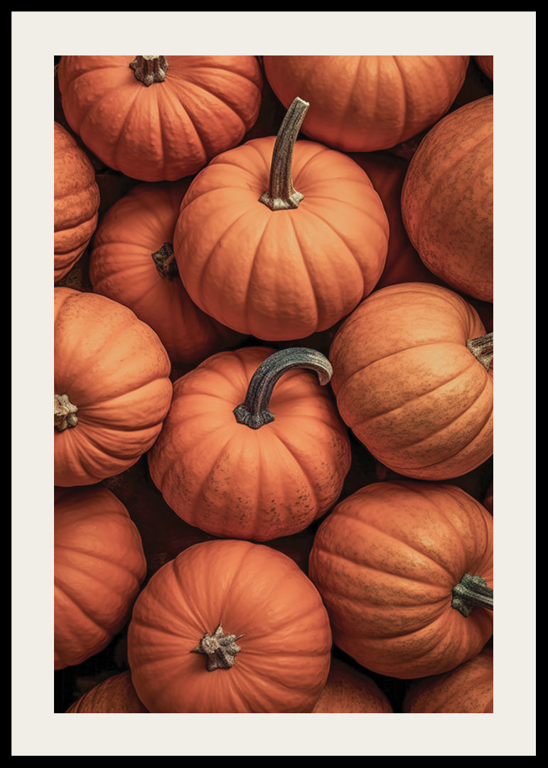 Close-up of several pumpkins in lovely orange-red colors with clear stems-12