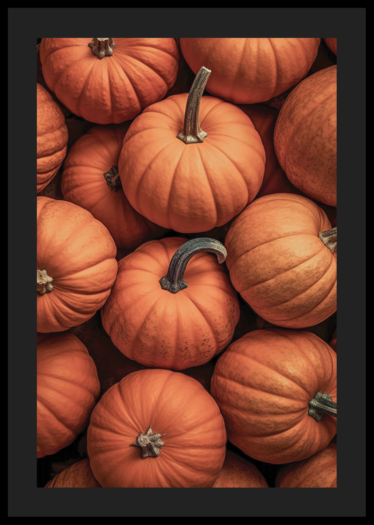 Close-up of several pumpkins in lovely orange-red colors with clear stems-12