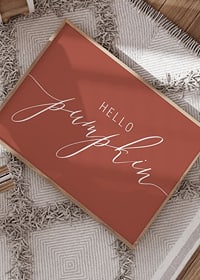 White handwritten text 'Hello Pumpkin' in script style on warm autumn red background-8