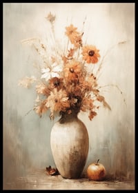 Watercolor of autumn flowers in vase with apple on beige background-6