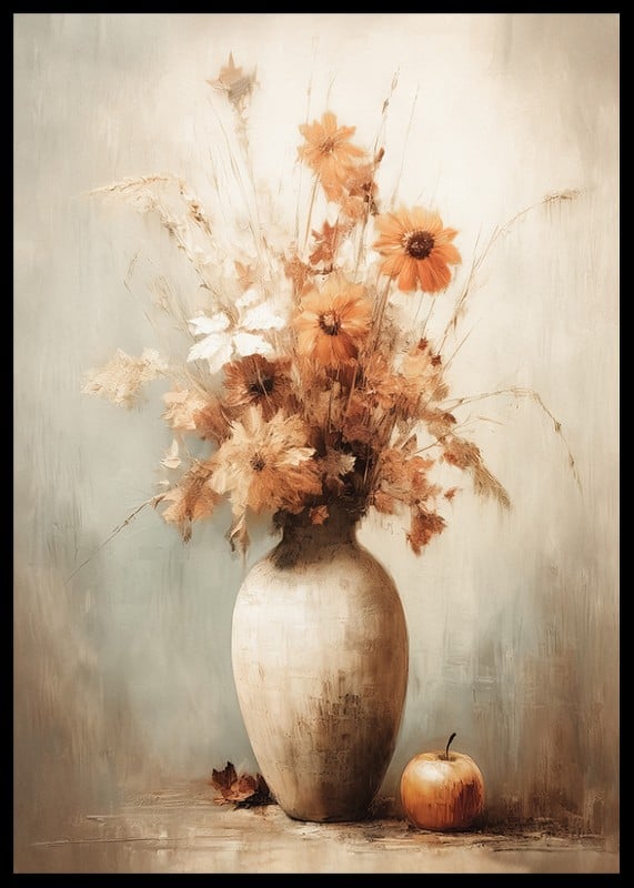 Watercolor of autumn flowers in vase with apple on beige background-12