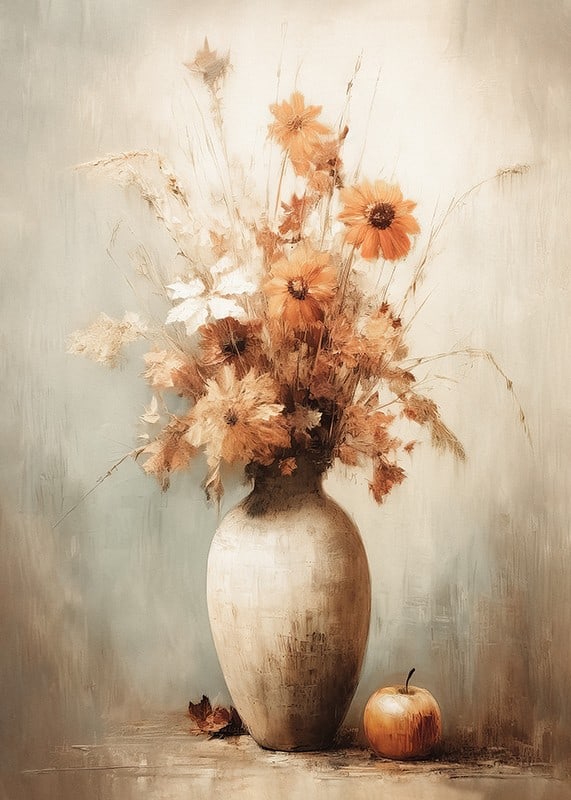 Watercolor of autumn flowers in vase with apple on beige background-12