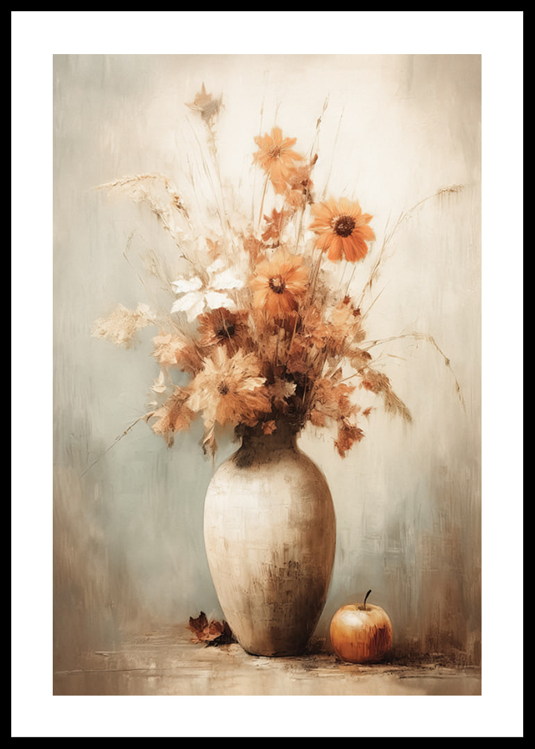 Watercolor of autumn flowers in vase with apple on beige background-12