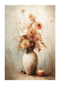Watercolor of autumn flowers in vase with apple on beige background-1