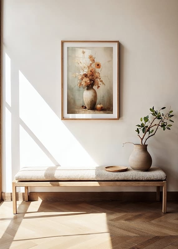 Watercolor of autumn flowers in vase with apple on beige background-12