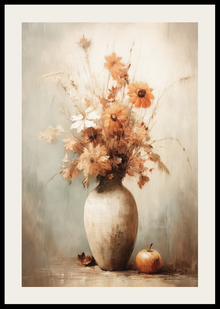 Watercolor of autumn flowers in vase with apple on beige background-12