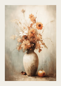 Watercolor of autumn flowers in vase with apple on beige background-3