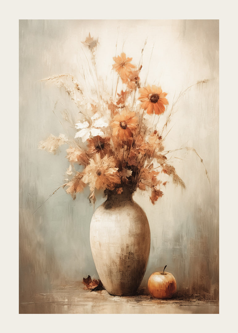 Watercolor of autumn flowers in vase with apple on beige background-12