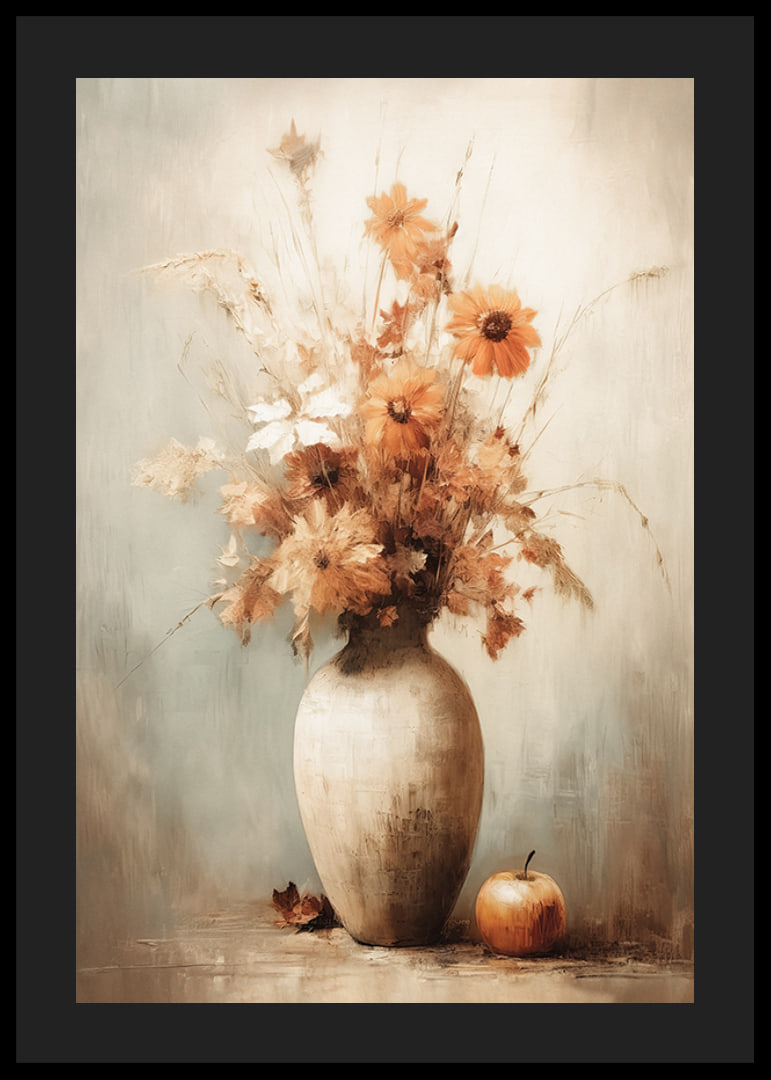 Watercolor of autumn flowers in vase with apple on beige background-12