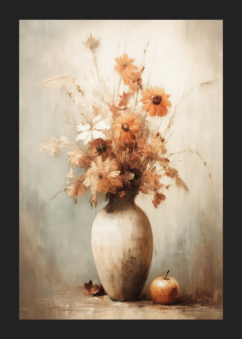 Watercolor of autumn flowers in vase with apple on beige background-12