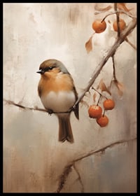 Watercolor of small bird on branch with orange berries, autumn colors-6