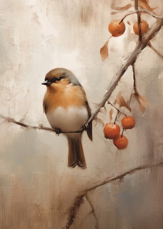 Watercolor of small bird on branch with orange berries, autumn colors-12