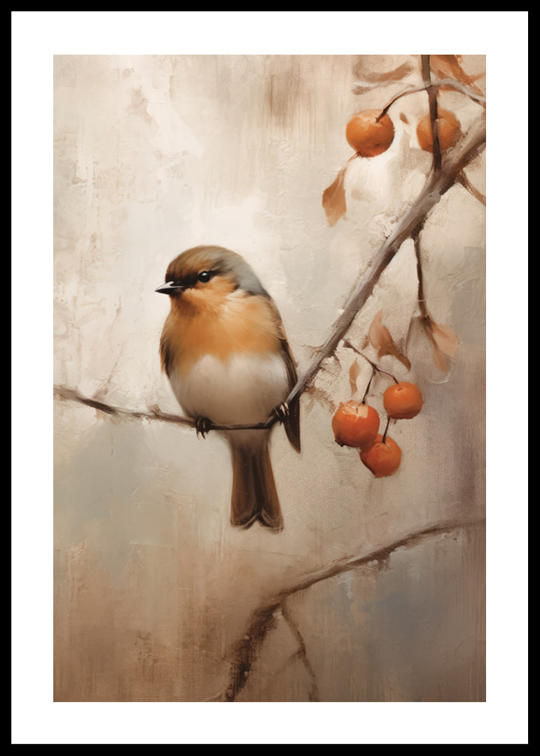 Watercolor of small bird on branch with orange berries, autumn colors-12