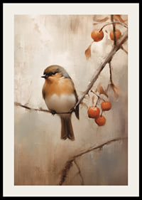 Watercolor of small bird on branch with orange berries, autumn colors-2