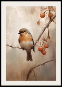 Akvarell av liten fågel på gren med orange bär, höstfärger-2