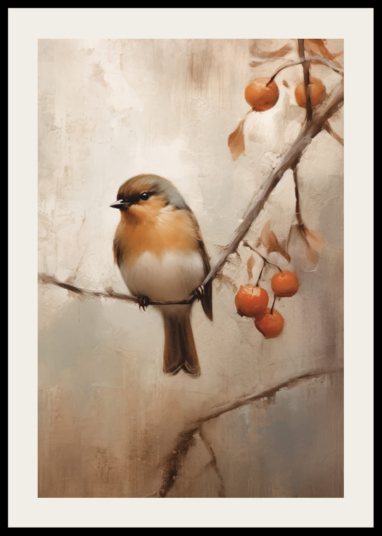 Akvarell av liten fågel på gren med orange bär, höstfärger-12
